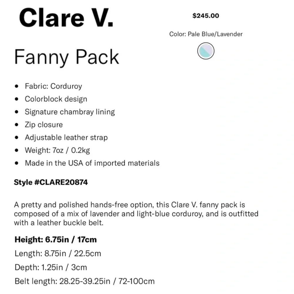 Clare V Mint & Lavender Corduroy Belt Bag